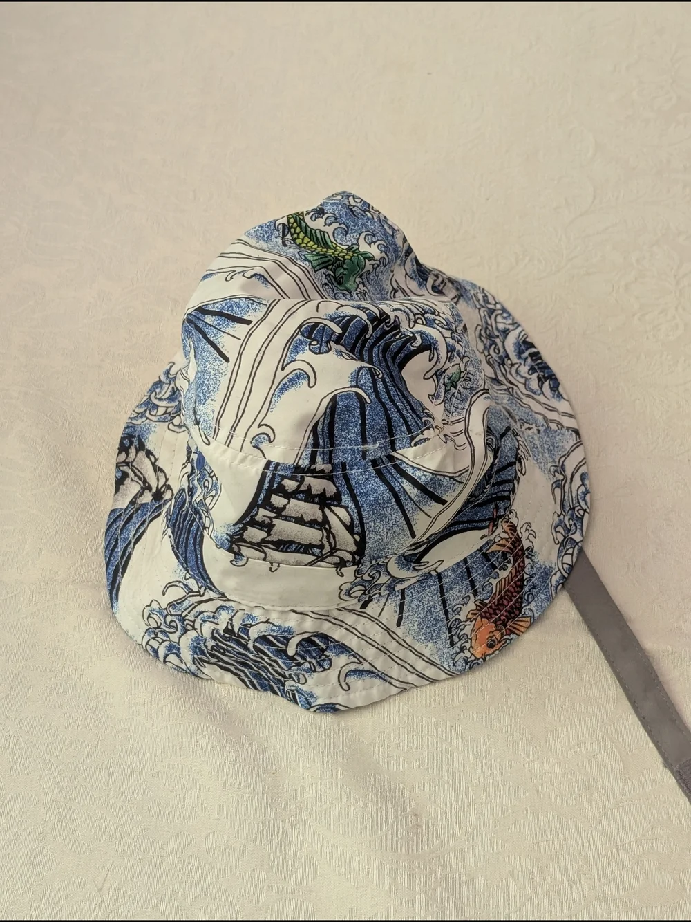 babyGap Reversible Bucket Hat Strap Graphic Print Gray Blue White 18-24M